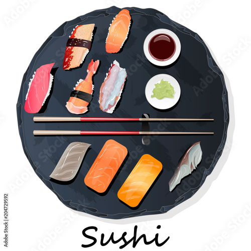 Nigiri Sush seti illustration isolated. Top view.