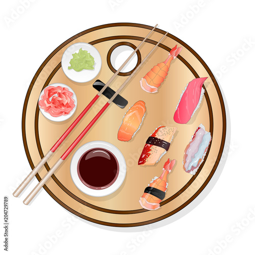 Nigiri Sush seti illustration isolated. Top view.