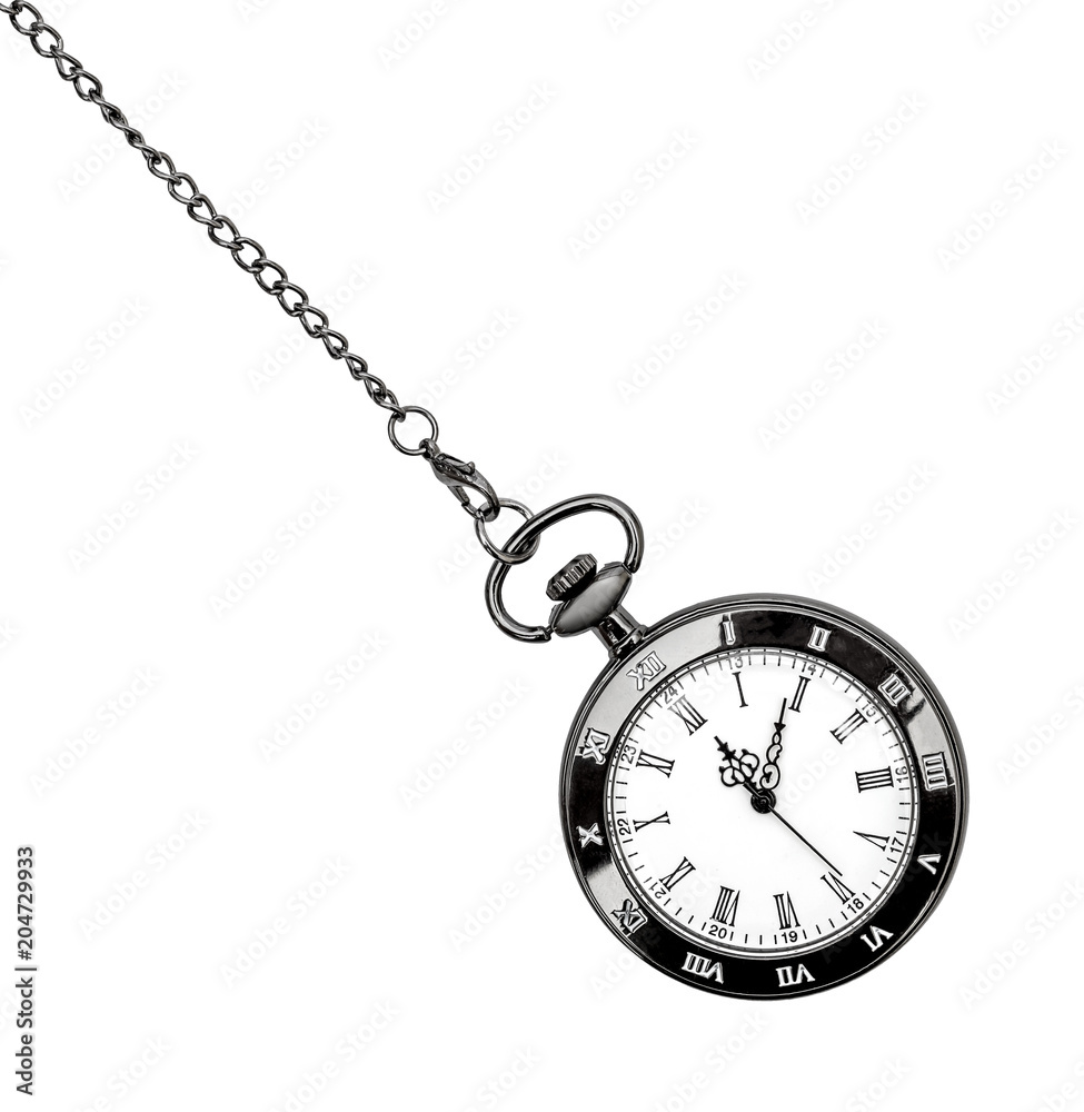 Pocket watch on chain on white. Top view. Pocket watch on chain on white. Top view.