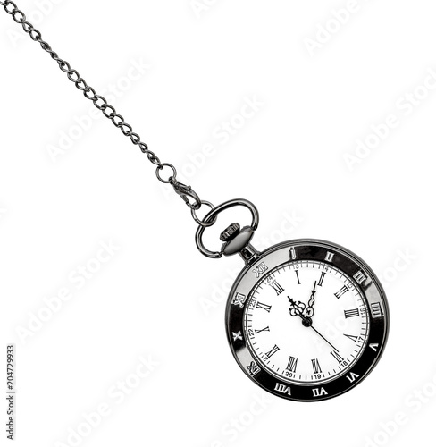 Pocket watch on chain on white. Top view.