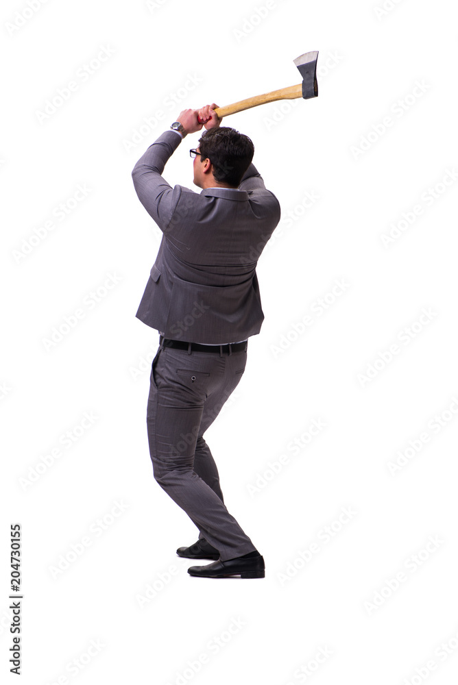 Angry businessman with axe isolated on white Angry businessman with axe isolated on white