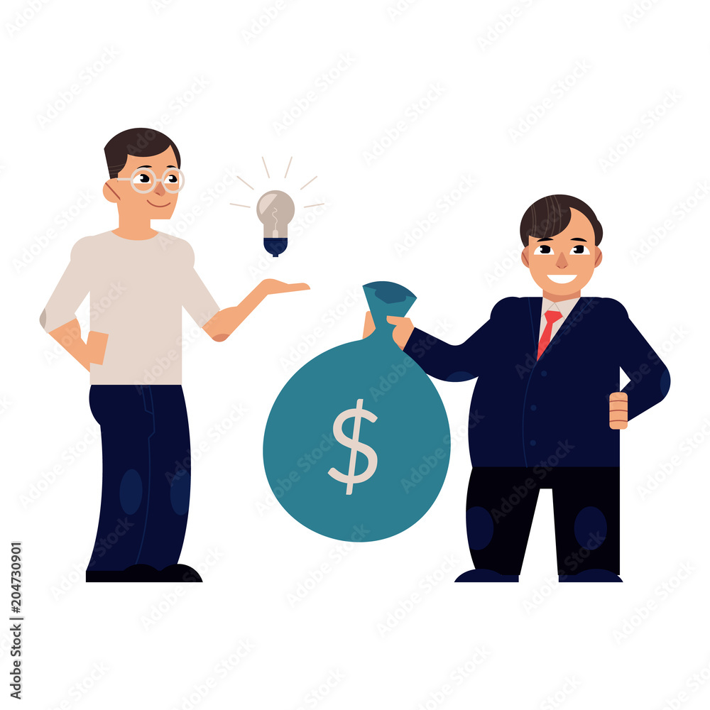 Young men in business clothing holding big bag with cash dollars in hands and light bulb. Male characters and symbol of money, business and success, idea and creativity. Vector flat illustration Young men in business clothing holding big bag with cash dollars in hands and light bulb. Male characters and symbol of money, business and success, idea and creativity. Vector flat illustration