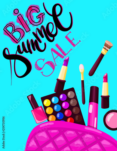 beauty and makeup illustration. lipstick, eyeliner, blush, powder, eyeshadows, nail polish, brushes with lettering big summer sale photo