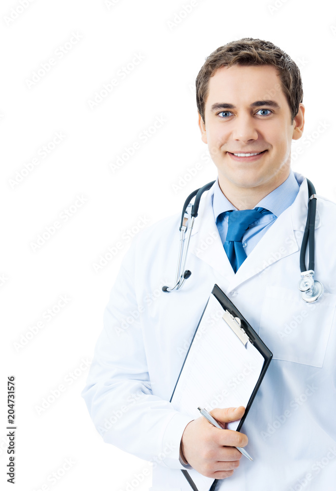 Portrait of happy smiling doctor with clipboard, isolated Portrait of happy smiling doctor with clipboard, isolated