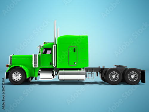 Modern truck tractor for cargo three axle without trailer green side 3d rendering on blue background with shadow photo