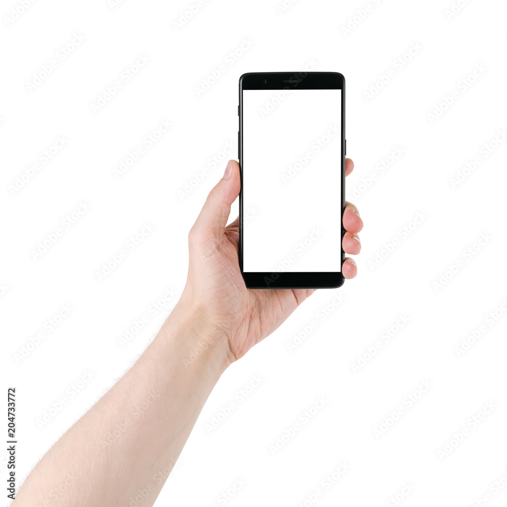 man hand holding smartphone with white screen isolated on white background man hand holding smartphone with white screen isolated on white background