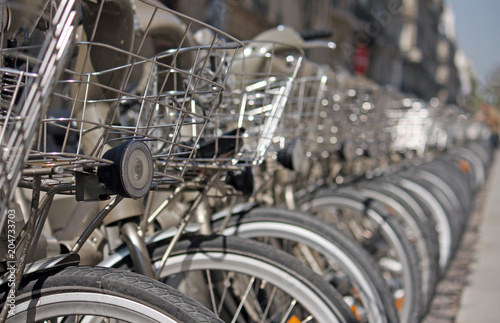 Row of rental bikes in Paris, France