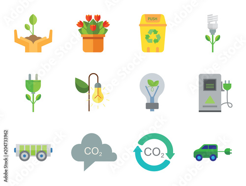 Eco Icon Set. Electrocart Flowers Electrocar Carbon Dioxide Cycle CO2 In Cloud Eco-friendly Lightbulb Circulation Sign Electric Plug Flower Lamp Flower Environmental Protection Eco Energy Recycle Bin