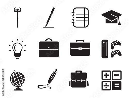 Education simple icons set with rules, graduation cap and pen. Thirteen vector icons