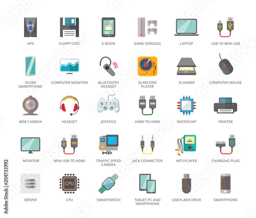 Set of 33 vector icons representing various electronic devices and gadgets