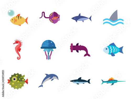 Fish icons set with dolphin, shark and seahorse. Thirteen vector icons
