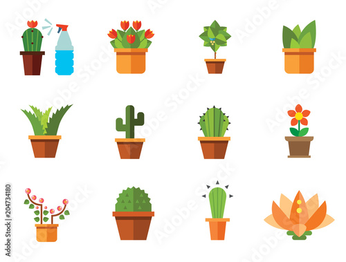 Flowers vector icons set with aloe in pot, tulip and cactus in pot. Thirteen flat icons
