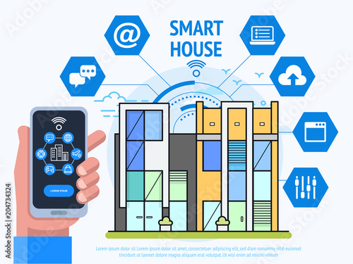 Smart House Technology Concept. Human hand holding smartphone with control system app.