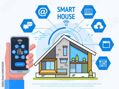 Smart House Technology Concept. Human hand holding smartphone with control system app.
