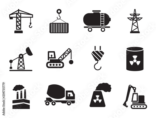 Industrial icons set with fork lift truck, tower crane and excavator. Thirteen vector icons