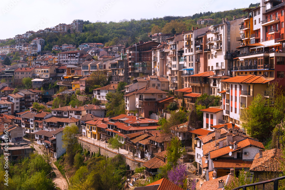 Typical architecture,historical medieval houses,Old city street view with colorful buildings in Veliko Tarnovo, Bulgaria