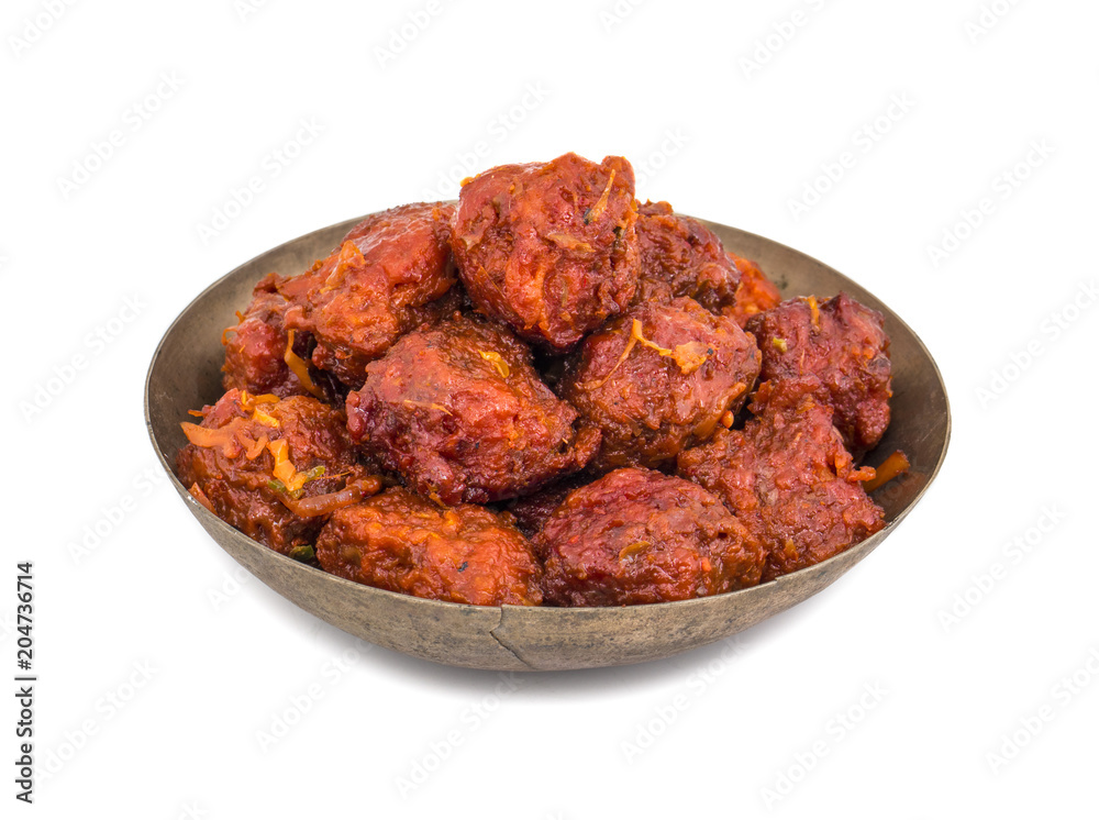 Indian Cuisine Vegetable Manchurian Also Know as Gobi Manchurian is a popular Indo Chinese Street food isolated on white background Indian Cuisine Vegetable Manchurian Also Know as Gobi Manchurian is a popular Indo Chinese Street food isolated on white background