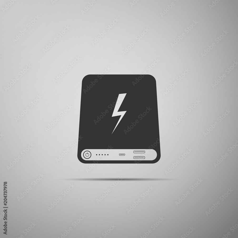 Power bank icon isolated on grey background. Portable charging device. Flat design. Vector Illustration Power bank icon isolated on grey background. Portable charging device. Flat design. Vector Illustration
