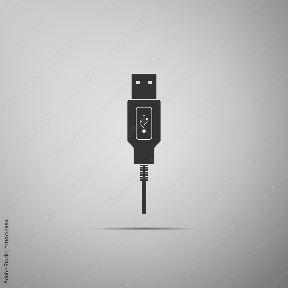 USB cable cord icon isolated on grey background. Connectors and sockets for PC and mobile devices. Computer peripherals connector or smartphone recharge supply. Flat design. Vector Illustration
