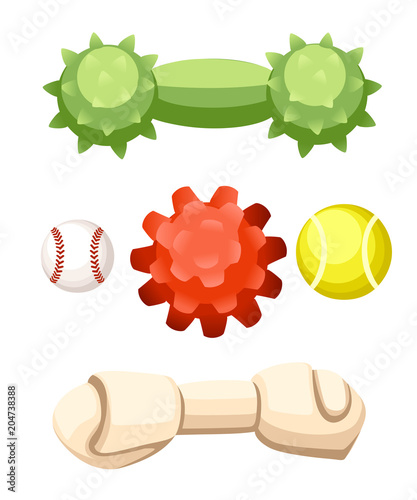 Pet toys collection. Balls and rubber bones for dogs. Accessories for dog. Flat vector illustration. Products for the pet shop. Vector illustration isolated on white background
