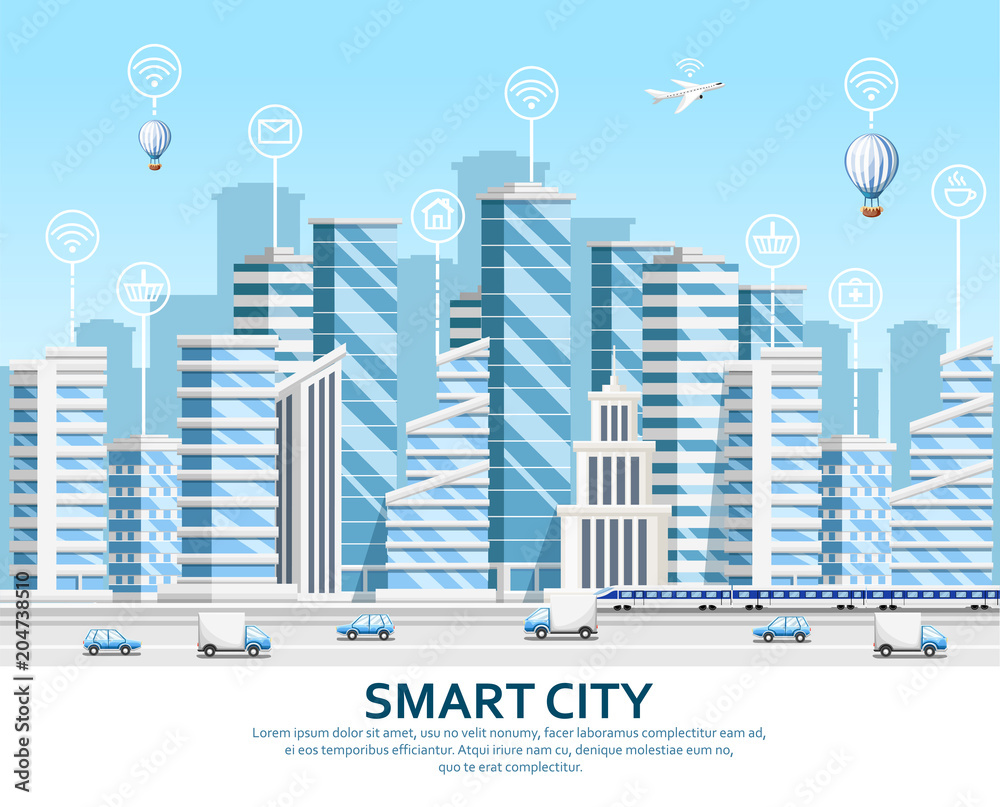 Group of skyscrapers. City design elements. Smart city concept with smart services and icons, internet of things. Vector illustration on sky background. Web site page and mobile app design