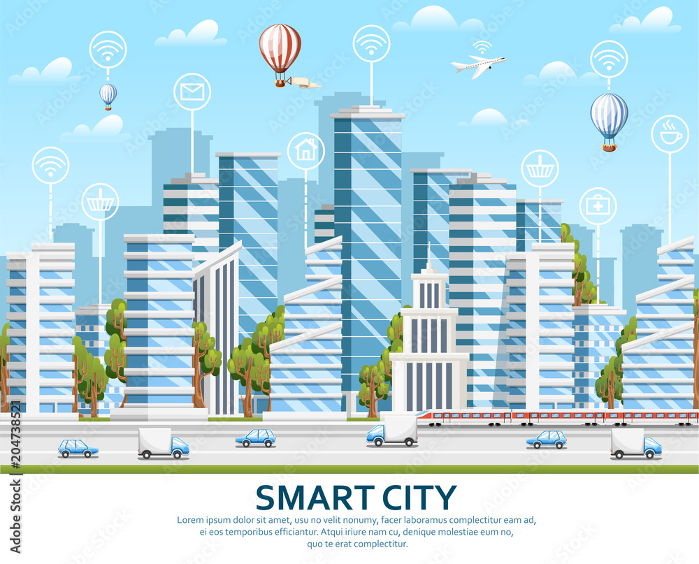 City design elements with green trees. Smart city concept with smart services and icons, internet of things. Vector illustration on sky with cloud background. Web site page and mobile app design