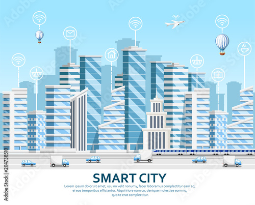 Group of skyscrapers. City design elements. Smart city concept with smart services and icons, internet of things. Vector illustration on sky background. Web site page and mobile app design