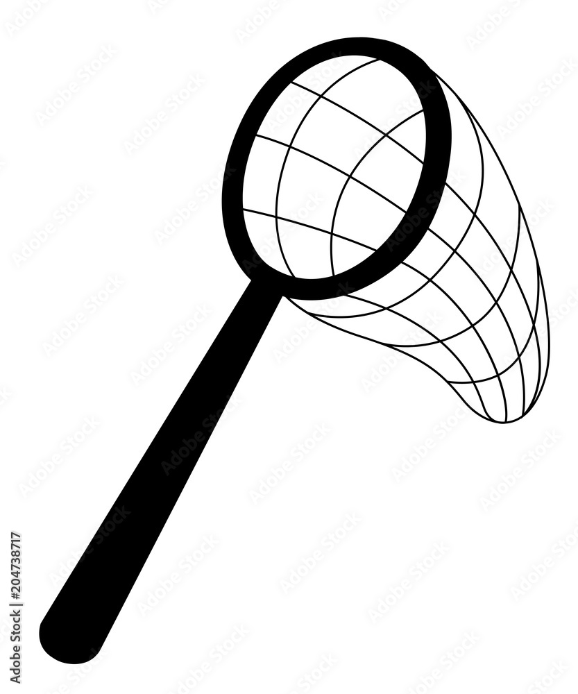 Black silhouette. Butterfly net. Classic net design, wooden handle