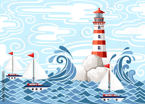 Stormy sea with lighthouse on rock stones island. Small ships on water. Nature or marine design. Flat style. Vector illustration with sky and clouds background
