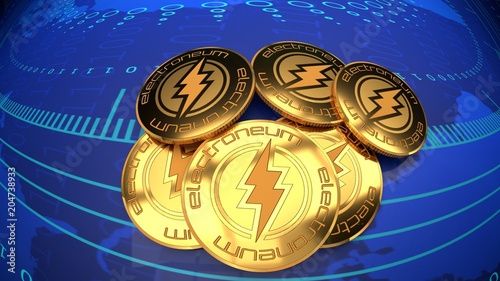 Electroneum currency market value rising chart, close up, blue digital background photo