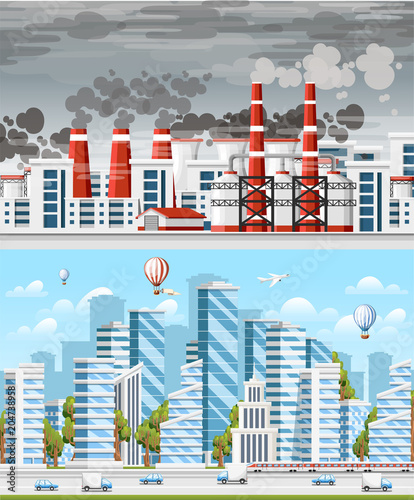 Factories with smoke pipes. Environmental pollution problem. Earth factory pollute with carbon gas. Modern city with clear sky. Concept of choice. Two sides of cities