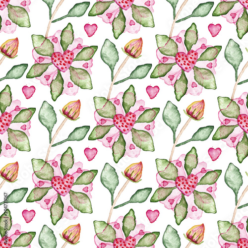 Seamless pattern with hibiscus flowers  buds  leaves  hearts.