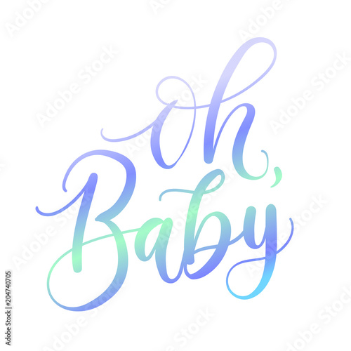 Oh baby holographic lettering inscription for baby shower isolated on white background. Baby shower greeting card.