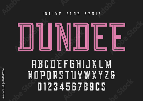 Dundee inline slab serif font, typeface, alphabet.