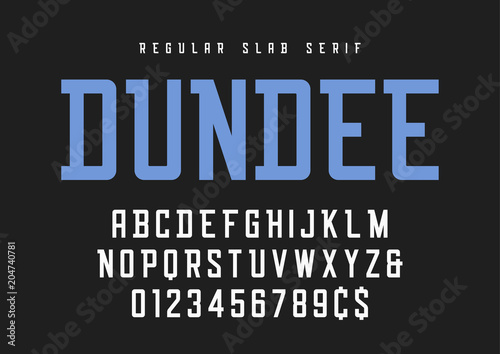 Dundee regular slab serif font, typeface, alphabet.