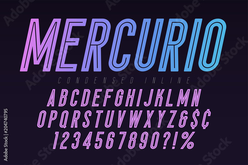 Mercurio inline font, typeface, alphabet. Condensed original typeset