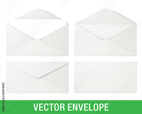Set of white vector envelopes in different views, isolated on a white background. Realistic vector envelope mockups.