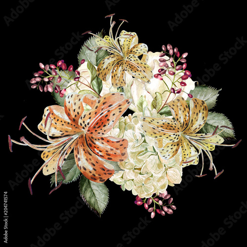 A beautiful watercolor bouquet with hudrangea and lilies.