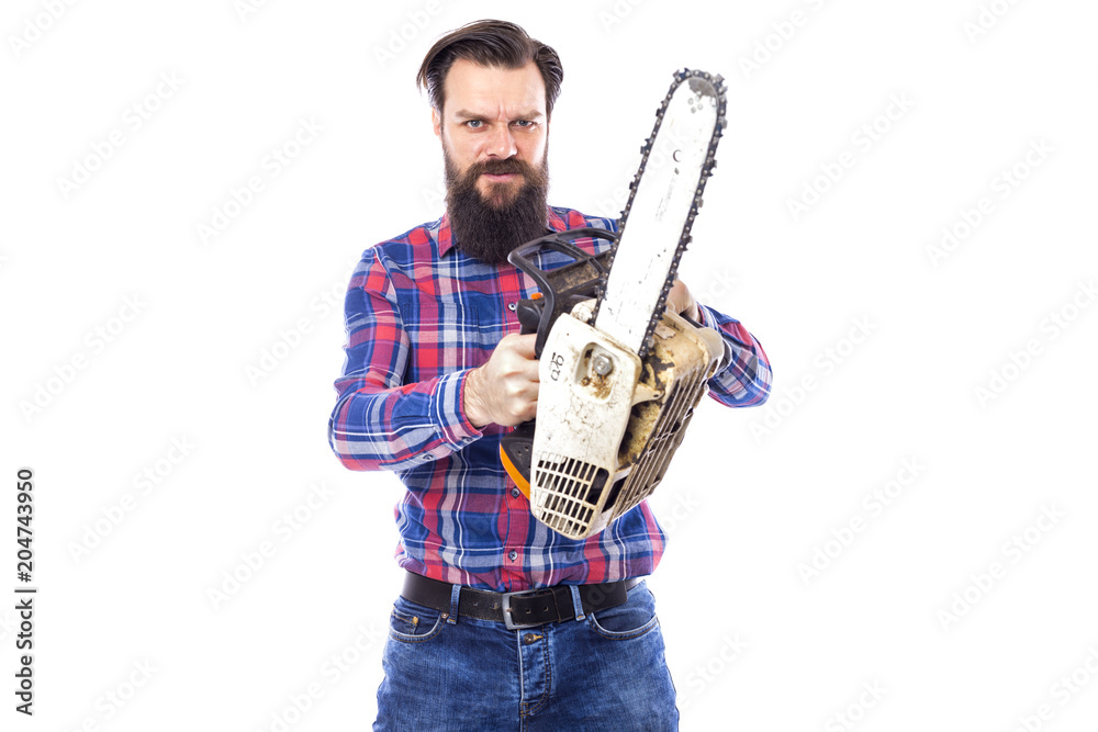 Bearded man holding a chainsaw isolated on a white background