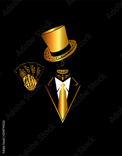 Casino logo with skull icon and cards, black and gold color vector 