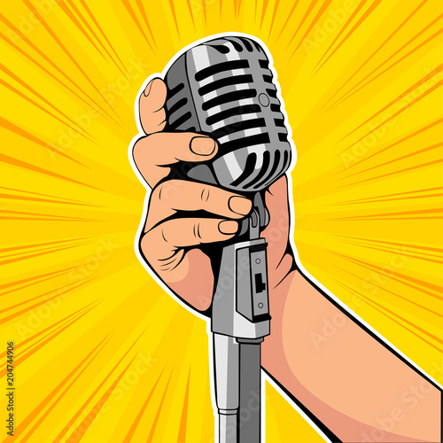 Hand hold microphone cartoon vector illustration. Retro poster comimc book performance. Entertainment halftone background.