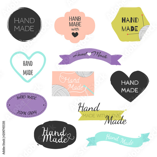 Set of hand drawn shapes in different colour with lettering "Handmade". Hearts, banners, circles and ribbons. Hand drawn vector various design elements for labels, tags or stamps and badges.