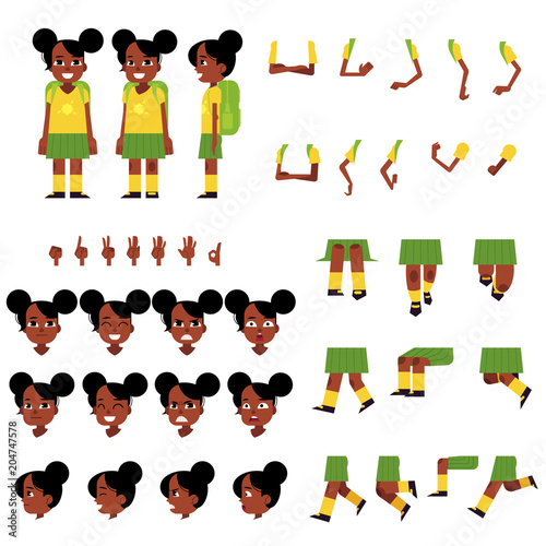 Little african schoolgirl creation set - cartoon character of female child with backpack. Isolated vector illustration of flat kid student kit with various body parts, face emotions and hand gestures.