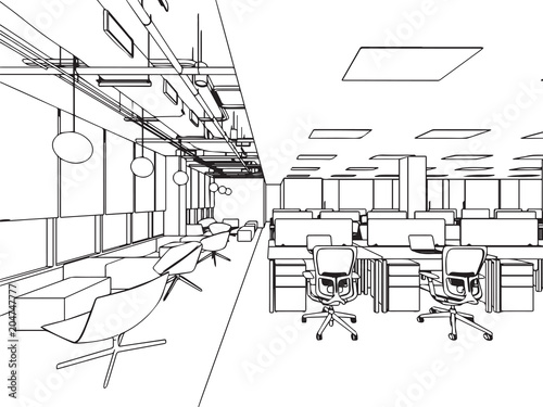 interior outline sketch drawing perspective office