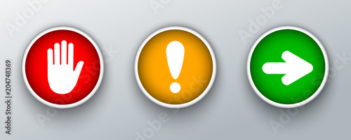 Set traffic lights sign icon with hand, exclamation marc and arrow in circle - stock vector
