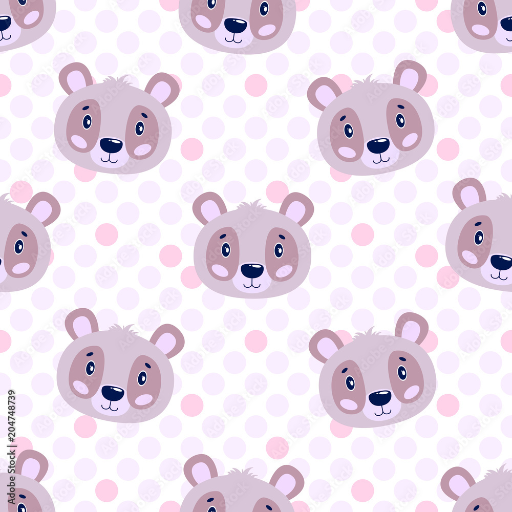 Seamless vector baby pattern with animals panda face.