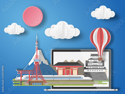 Photography Paper art tokyo,japan infographic . Japan cityscape with labtop .