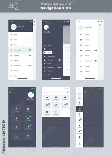 Wireframe kit for mobile phone X. Mobile App UI, UX design. New OS Navigation. Menu screens: home, article, video, messages, friends, notifications, settings, logout, search.