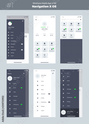 Wireframe kit for mobile phone X. Mobile App UI, UX design. New OS Navigation. Menu screens: home, article, video, messages, friends, notifications, settings, logout, search.