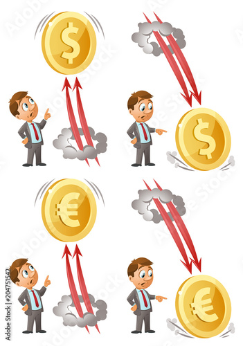 Funny businessman  watches as dollar and euro soars up and falls down. Cartoon styled vector illustration. Elements is grouped.